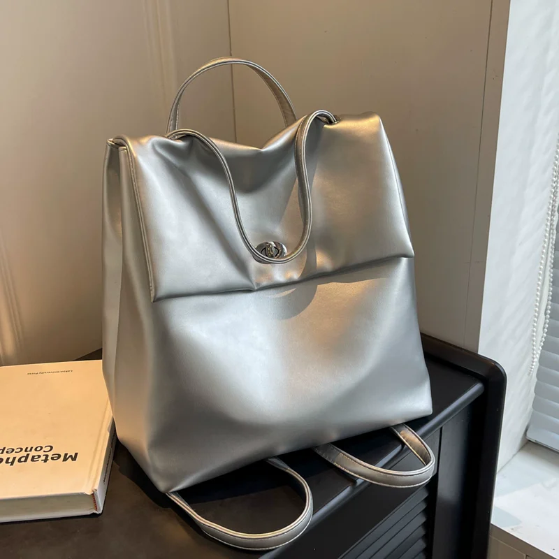 

New Silver Women's Backpack Versatile College Student School Bag Large Capacity Travel Bags Solid Color Shoulder Messenger Bags
