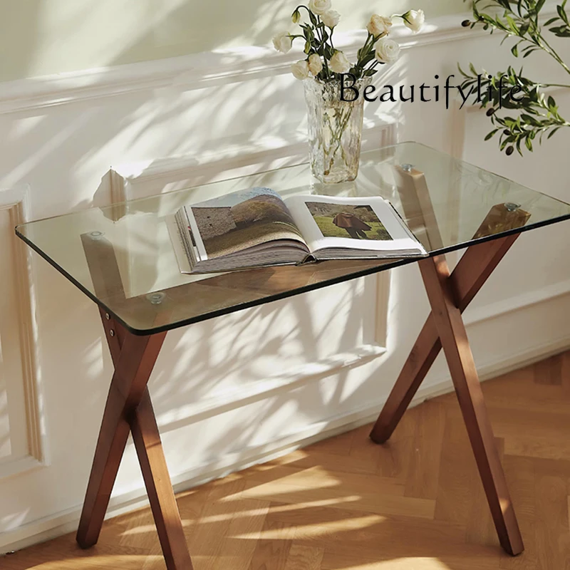 مكتب شقة صغير حديث وبسيط من الخشب الصلب، مكتب من الزجاج المقسى، مكتب كمبيوتر منزلي، طاولة واحدة
