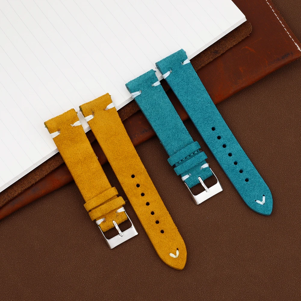 Vintage Suede Leather Watch Band 18mm 20mm 22mm 24mm Handmade Stitching Green Blue Watchband Replacement Watch Strap Wristband