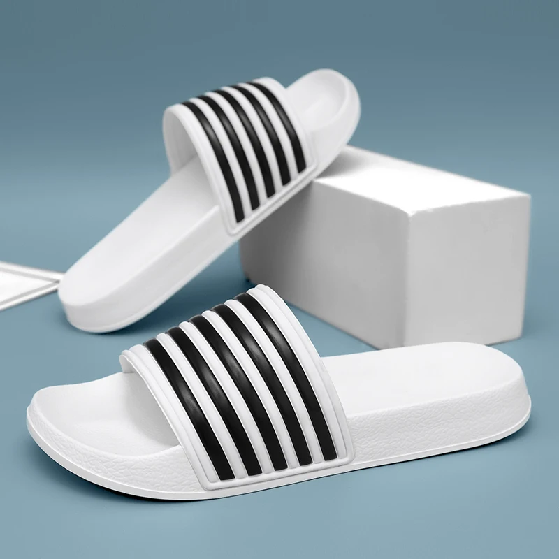 New Slippers Men\'s Summer Casual Shoes Beach Sandals Outdoor Comfortable Soft Sole Slippers Sizes 39-48 Black and White Striped
