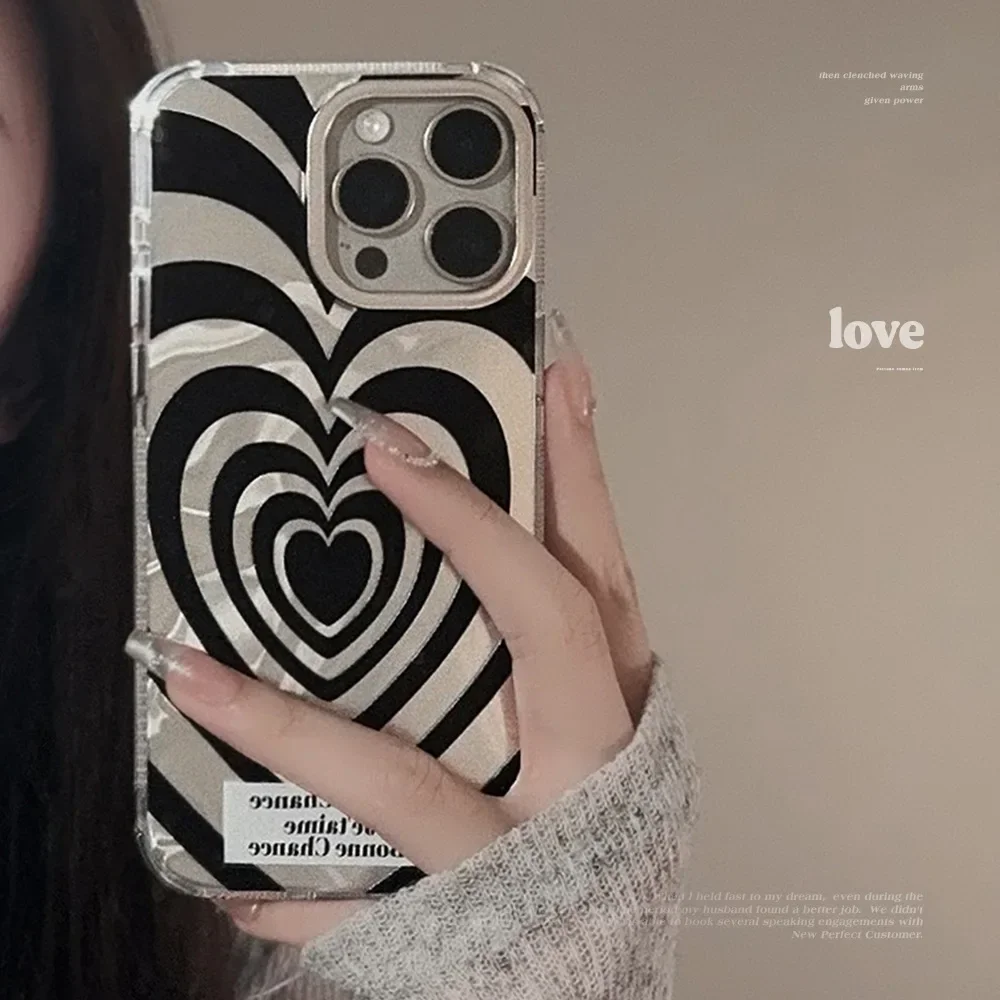 Cold Style Black Heart-shaped Laser Silver Phone Case for IPhone16 15 14 12 13 11 Pro ProMax Plus X XR Shockproof Phone Cover