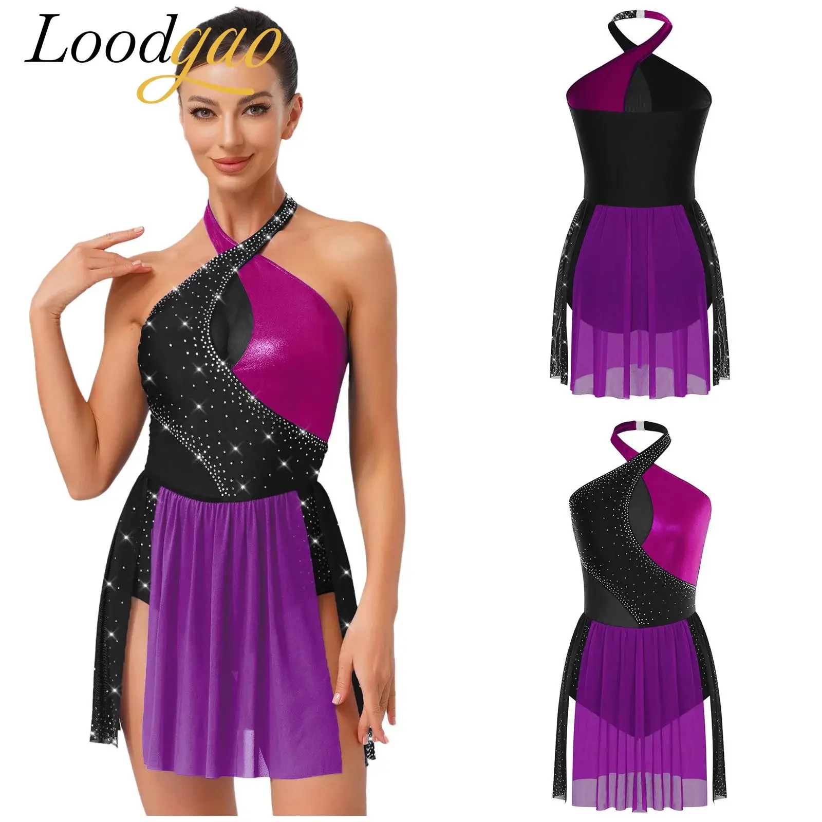 Costume da danza lirica per balletto da donna, scollo all'americana, senza maniche, vestiti da pattinaggio, performance sul palco, paillettes lucide, ballo di fine anno