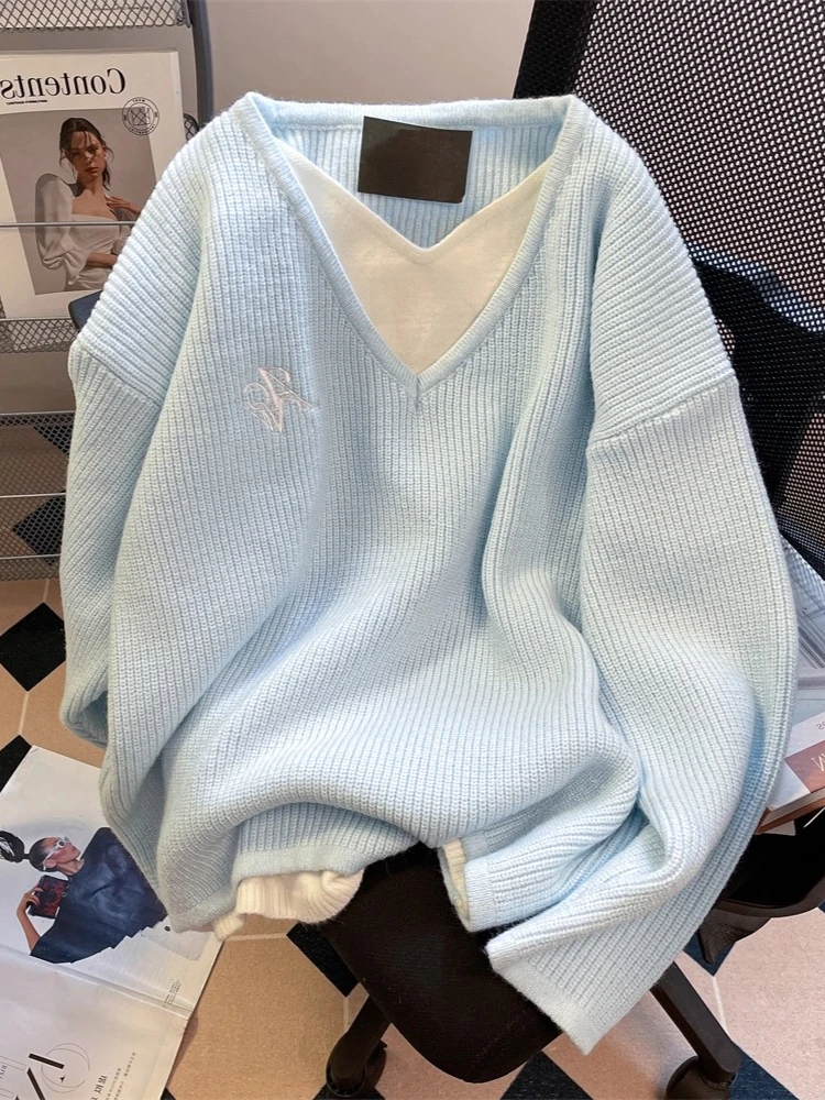 

Хикигава шикарные модные женские корейские преппи-стили из двух частей с v-образным вырезом вязаные пуловеры винтажные повседневные универсальные свитера