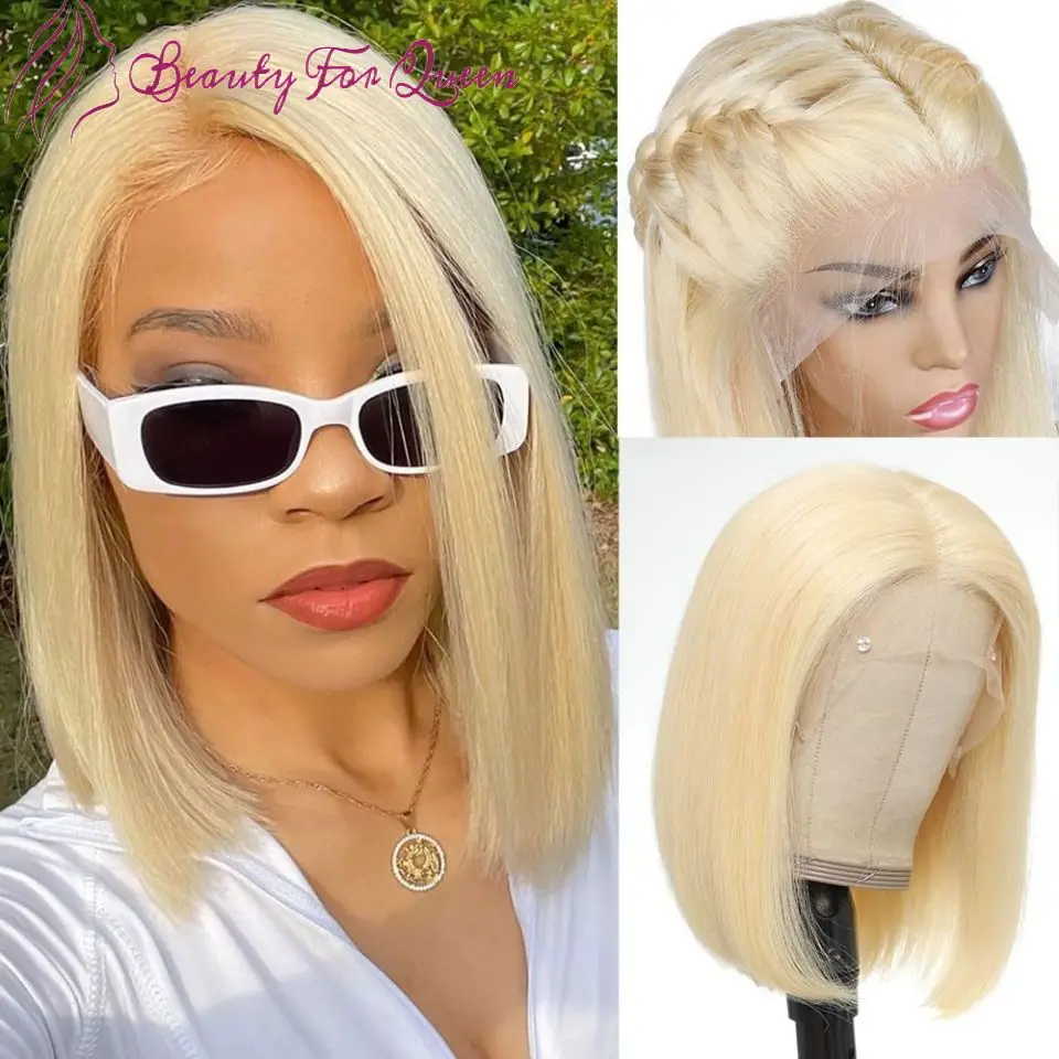 

13x4 Brazilian Colored Human Hair Wig 613 Straight Short Bob Transparent Lace Frontal Wigs Wear And Go For Women Pre Plucked