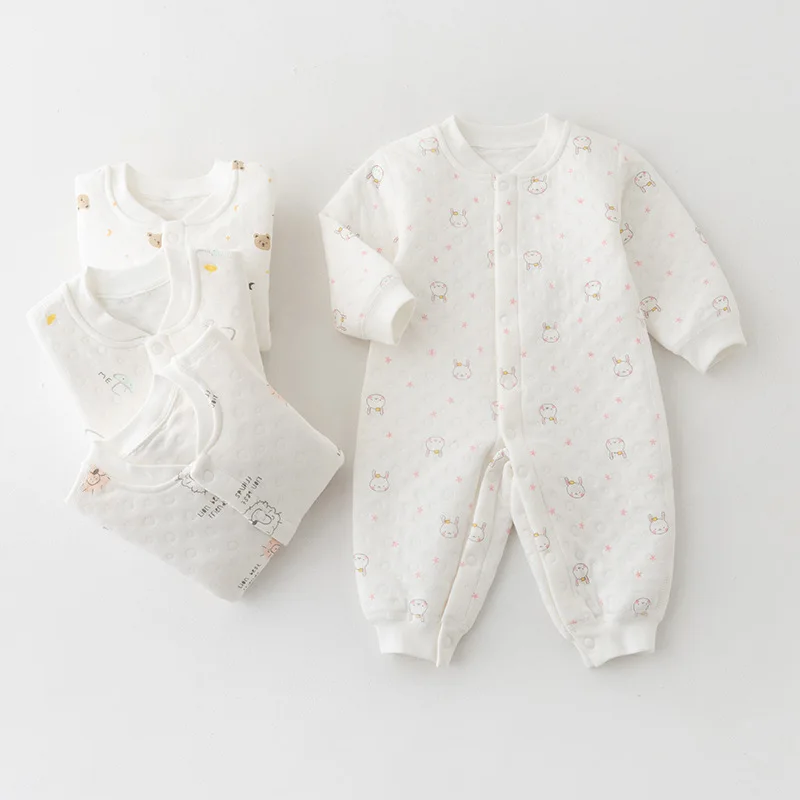 Newborn Warm Jumpsuit for Boys and Girls In Winter Three-layer Cotton Climbing Clothes for Infants and Young Children