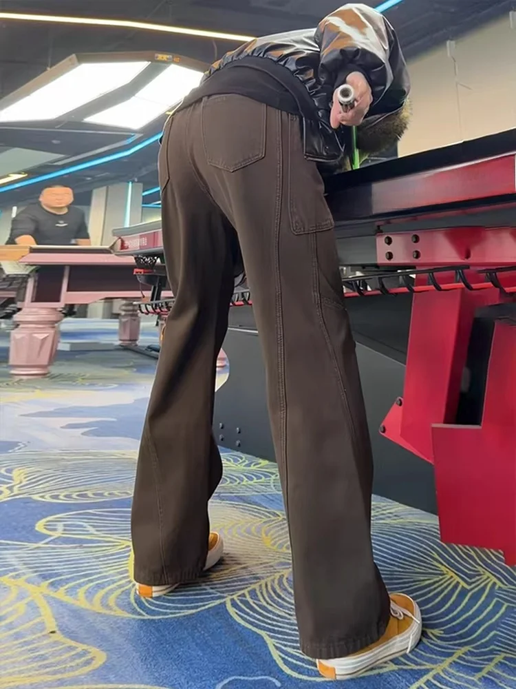 

Коричневые мужские джинсы из хлопка, весенняя коллекция, с пэчворком, прямые, рабочие, из чистого хлопка, с косым кроем, расклешенные брюки