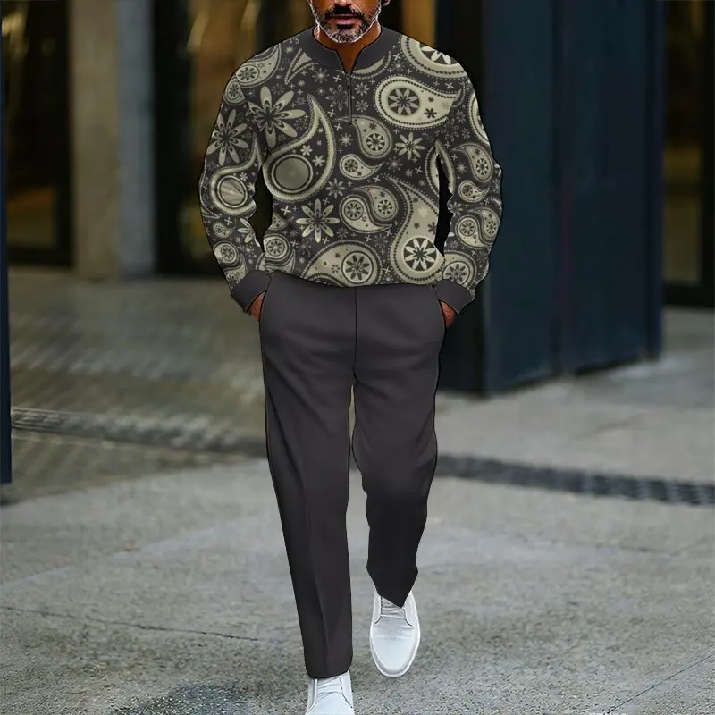 Herbst Winter Neuer Stil Herren Casual Sportanzug mit halbem Reißverschluss Stehkragen Kastanienblumenmuster für Freizeitaktivitäten