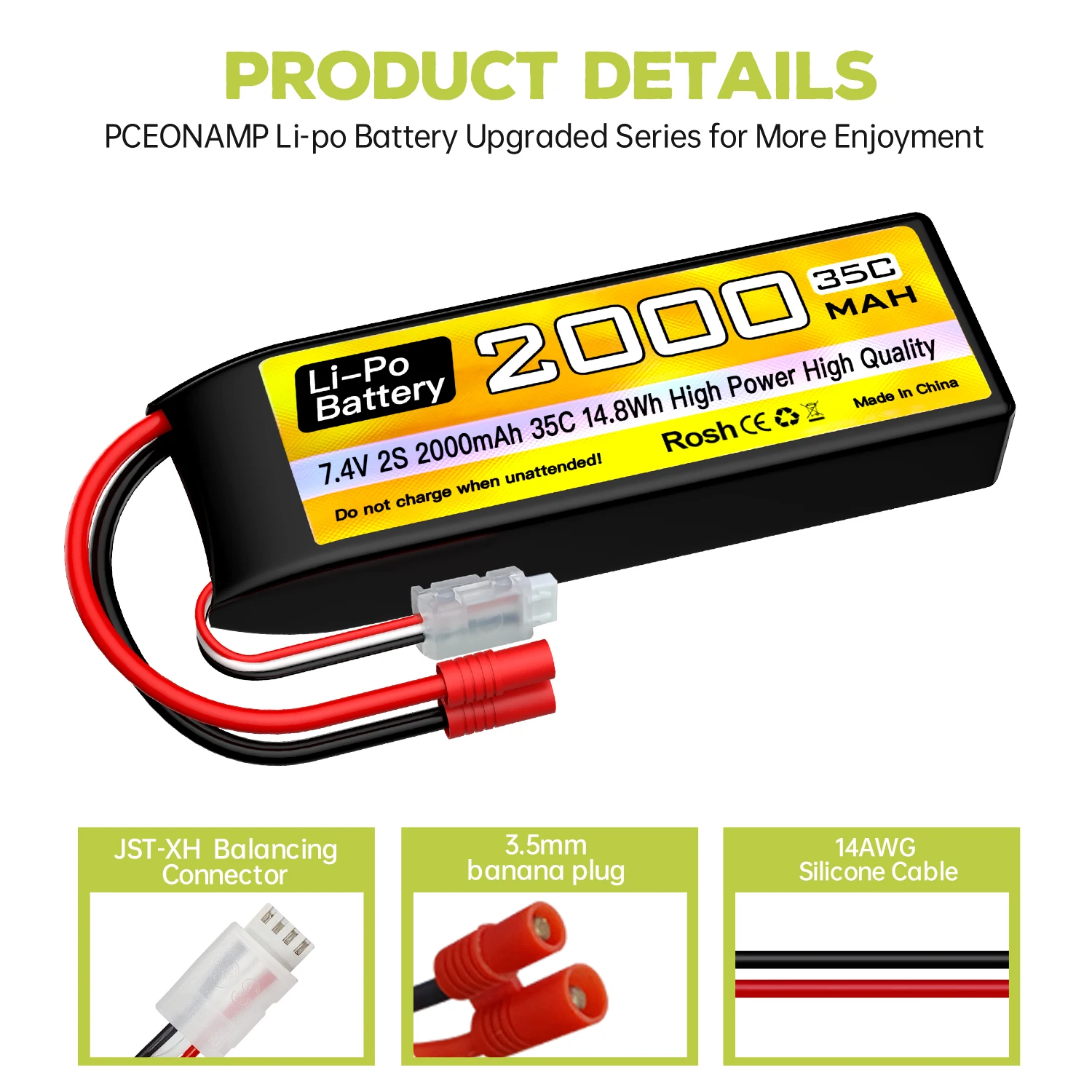 2S Lipo Batterij 7.4V 2000mAh 35C Met T/Banaan/XT60/XT30/EC2 Plug En USB Oplaadkabel Voor RC Auto, Boot, RC Quadcopter Batterij