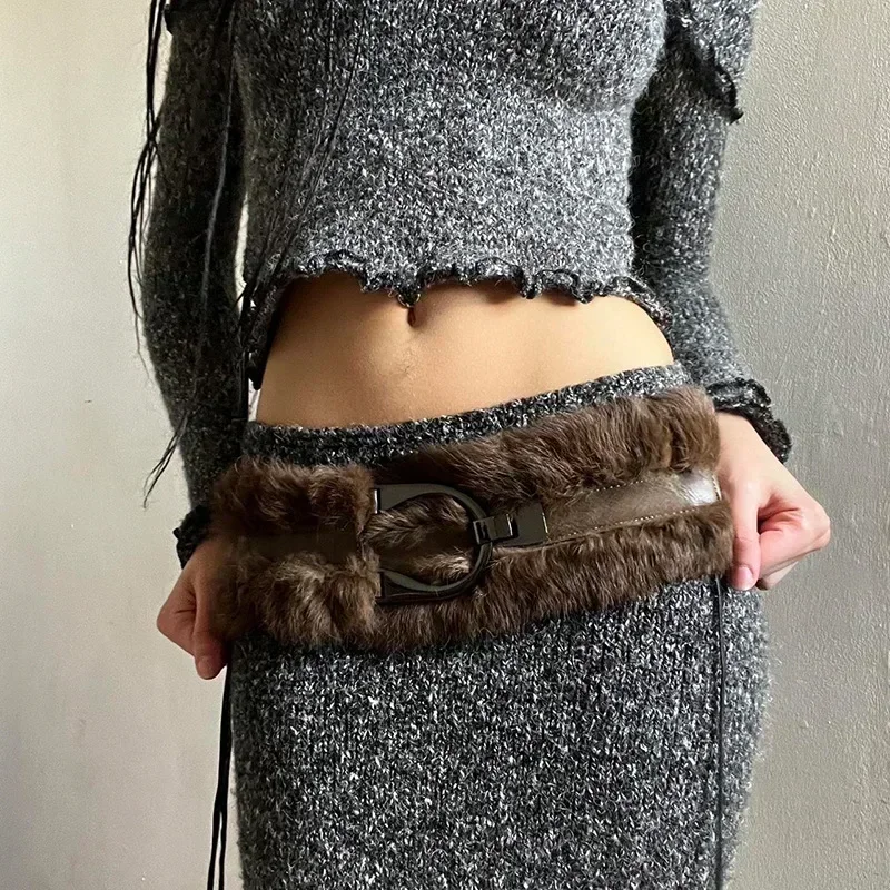 Vintage Brown PU Leather Fur Belt Y2K Hook Furry Fur Belt Cowgirl Gothic Punk Sexy Belts HipHop Waistband Jeans Pants Decor