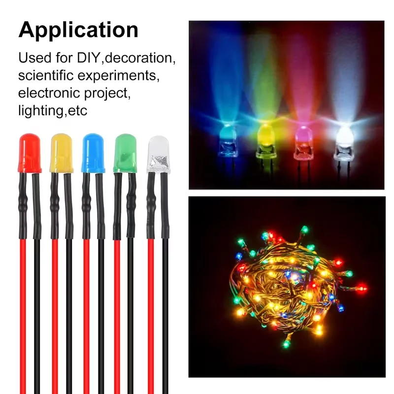 10/50pcs LED diodes 3mm with wire lamp beads 20cm pre-wired without soldering DC3V-24V solder-free suitable for DIY decorati