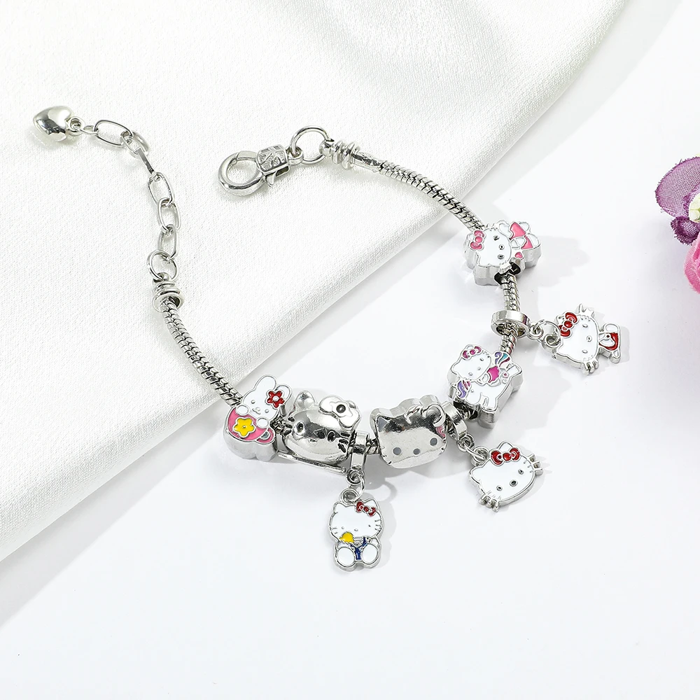 Olá Kitty Encantos Pulseira Beads Sanrio Charme Diy Acessórios Kawaii KT Gato Pingente para Fazer Jóias Mulheres Cadeias de Mão Bangle