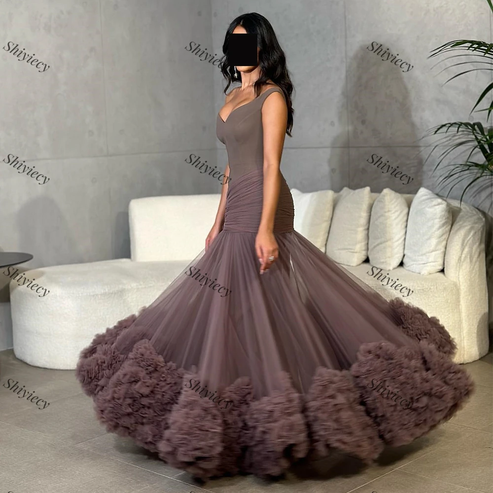 Off the Shoulder Ruffles Evening Dress Tulle Sexy Deep V-Neck Saudi Arabia Ball Grwns  Prom Dress Custom Made Robes De Soirée