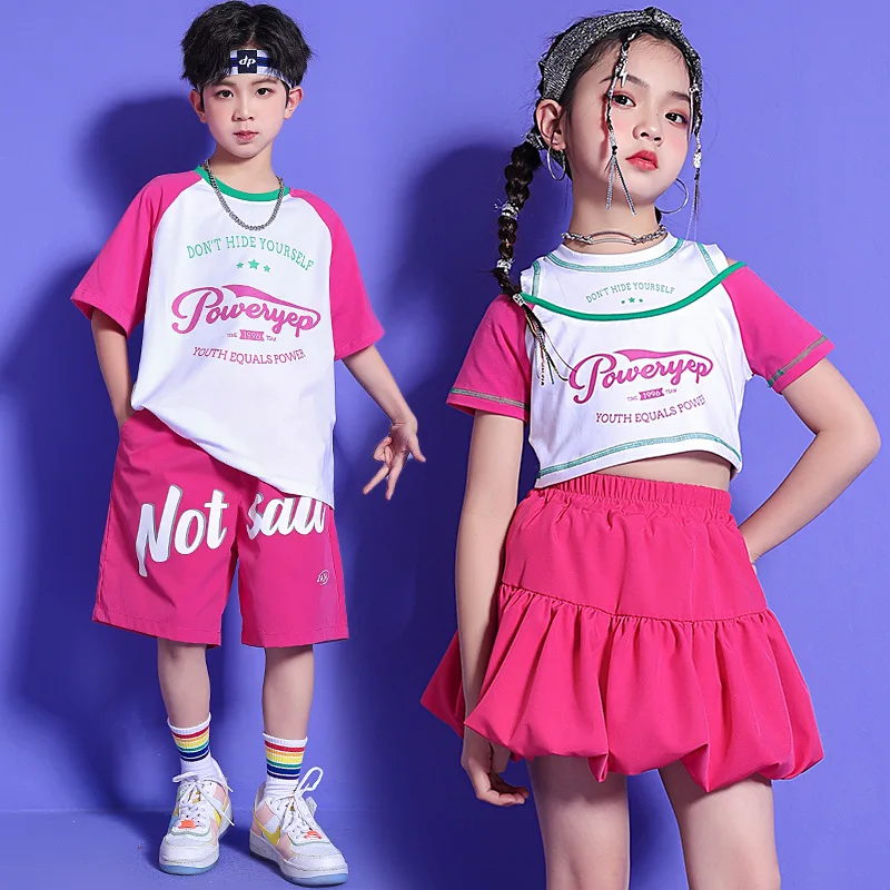 

Kid Hip Hop Open Shoulder Crop Top T Shirt Casual Summer Shorts Pleated Skirt Mini for Girl Boy Dance Costume Set Outfit Clothes