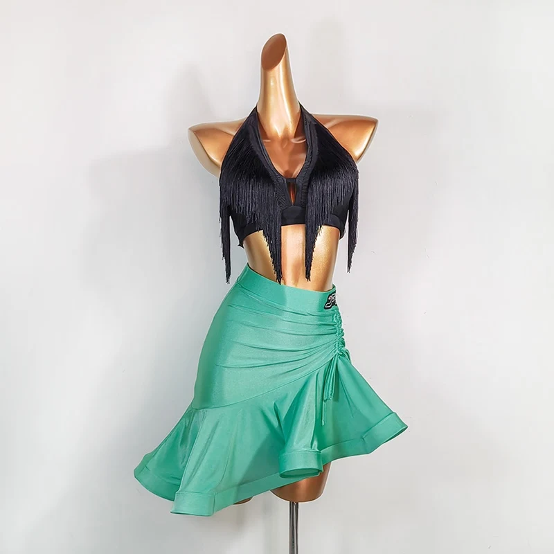 2024 New Latin Dance Performance Costumes For Women Black Tassels Tops Colorful Fishbone Skirts Adult Latin Dance Dress DN15953