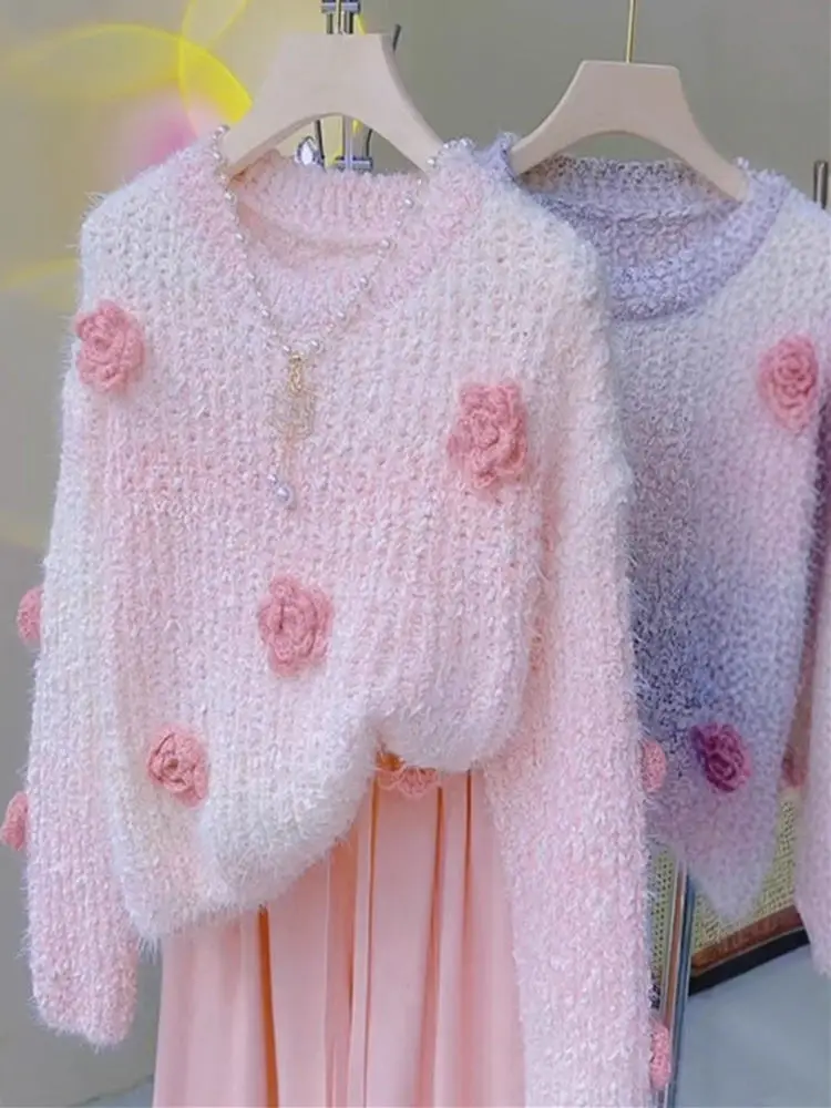 

adual Color Blo Sweater Women's Autumn Winter Large Size Faionable Knitted Top with 3D Flower Design round Ne Long Sl...