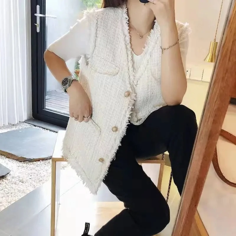 2025 Spring Autumn New Coarse Tweed Vest Fashion Women\'s Sleeveless Vest Coat Versatile Waistcoat Loose Female Tank Top Jacket