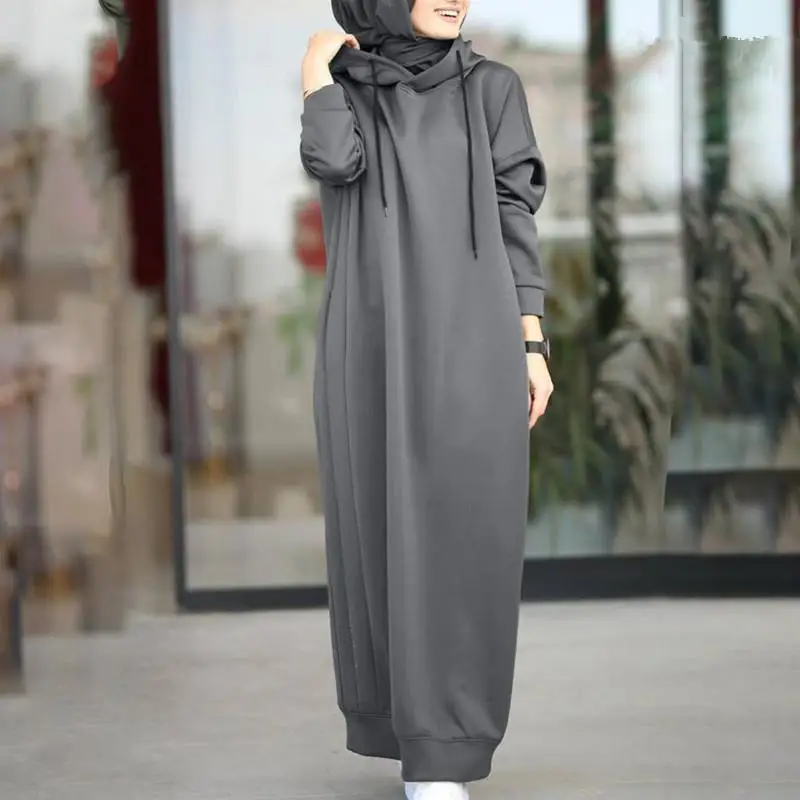 Muslim Dress Autumn/Winter Women\'s Sweatshirt Fashion Hooded Long Sleeve Long Dress Casual Solid Color Hooded Tank Top Robe