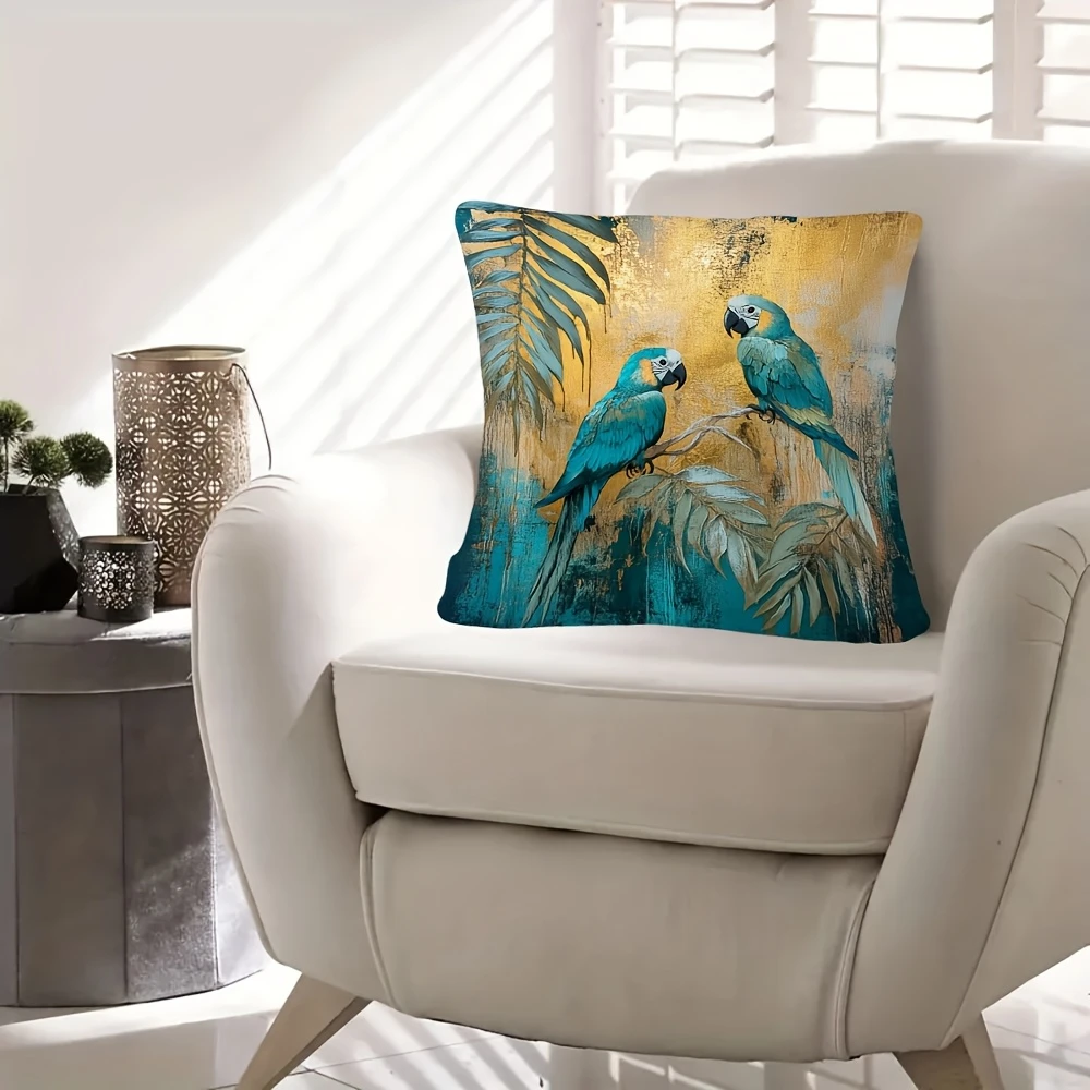 Pillow Cases Anime Pillow Case Personalized 2D flat- Boho Tropical Teal Macaw Parrot Throw Pillow Cover Gold Foil Palm Leaf