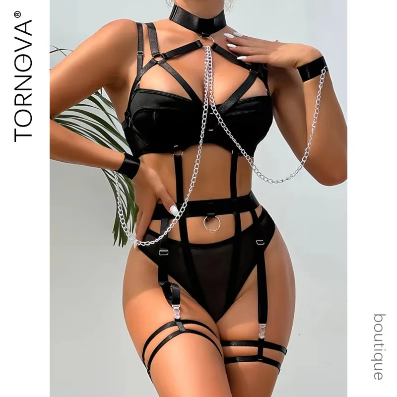 

Tornova Sexy Lingerie Seductive Sexy Role-Playing Chain 4-Piece Set Transparent Underwear for Women Sexy Bra Underwear Set New