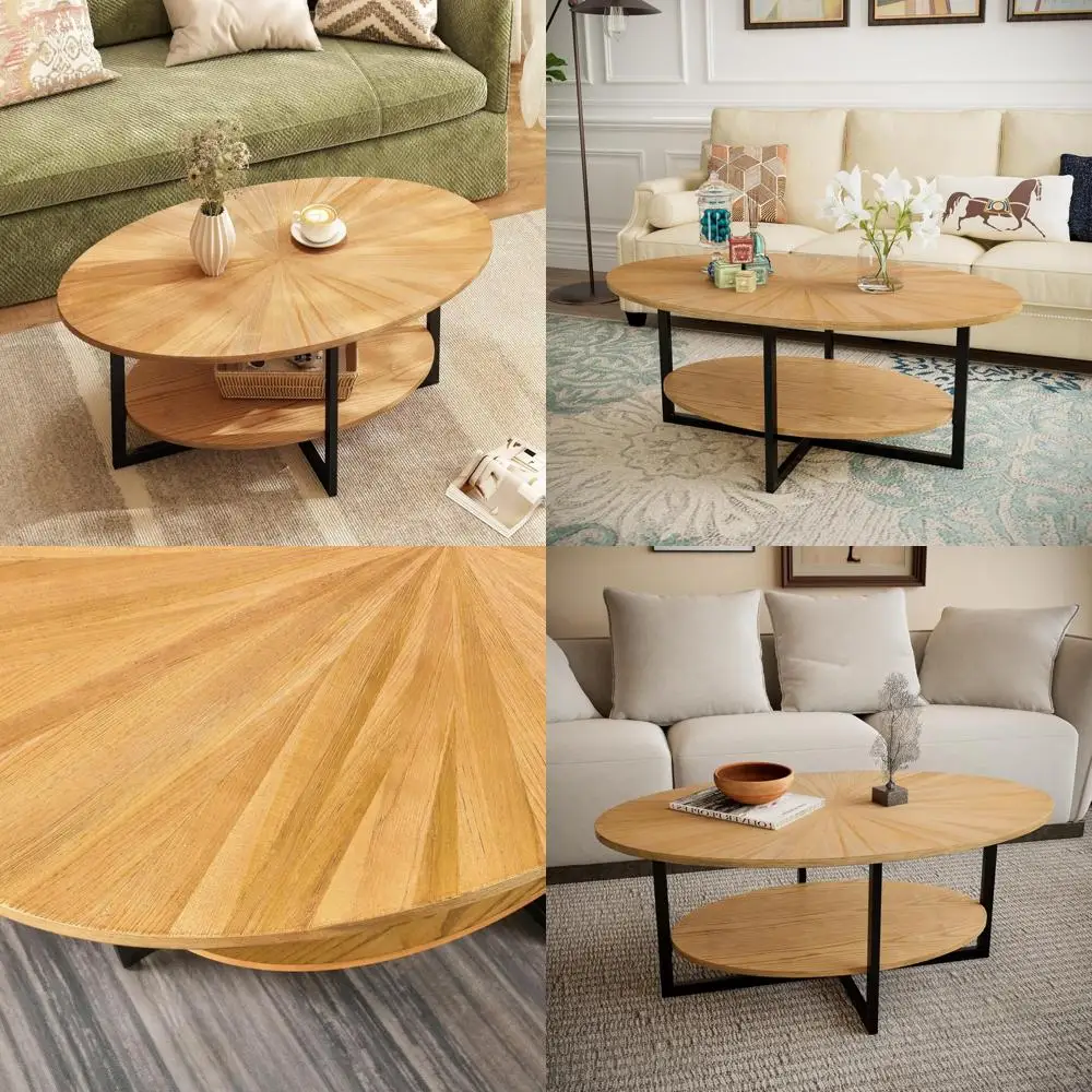 

Modern Industrial Oval Coffee Table with Metal Cross Legs, 43.3 Open Shelf Center Table for Living Room