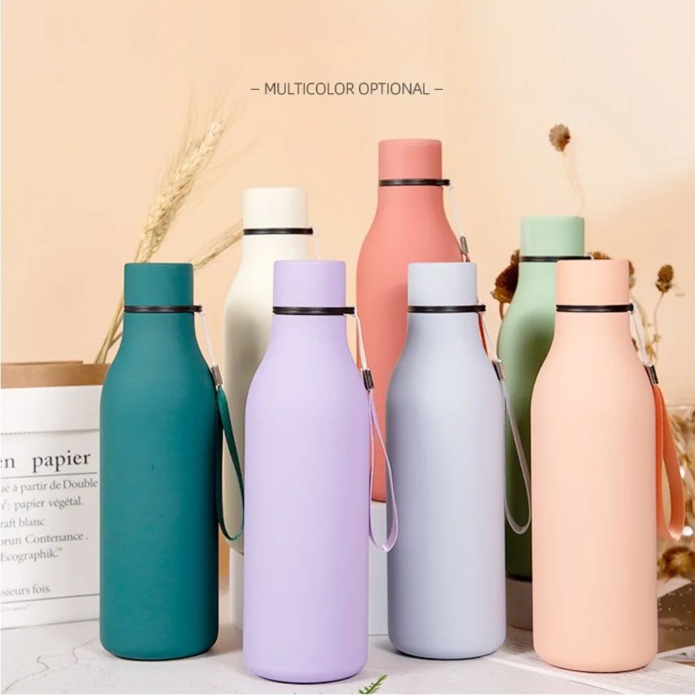 550ml Water Bottle 304 Stainless Steel Vacuum Insulated Thermos Rubber Paint Surface Outdoor Sports Bottle With Lanyard