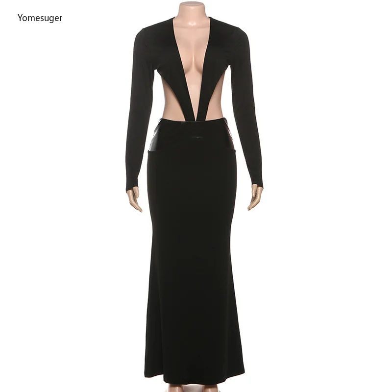 Yomesugar セクシーな中空アウト長袖マキシドレス女性ガウンエレガントな黒ディープ V ネックバックレスボディコンパーティードレスクラブウェア