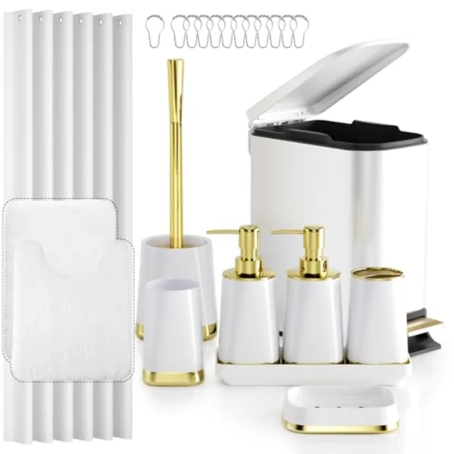 

Набор аксессуаров для ванной InnJoey - 23 предмета: белые аксессуары для ванной, шторка для душа и коврики, роскошные мусорные баки из нержавеющей стали для ванной комнаты.