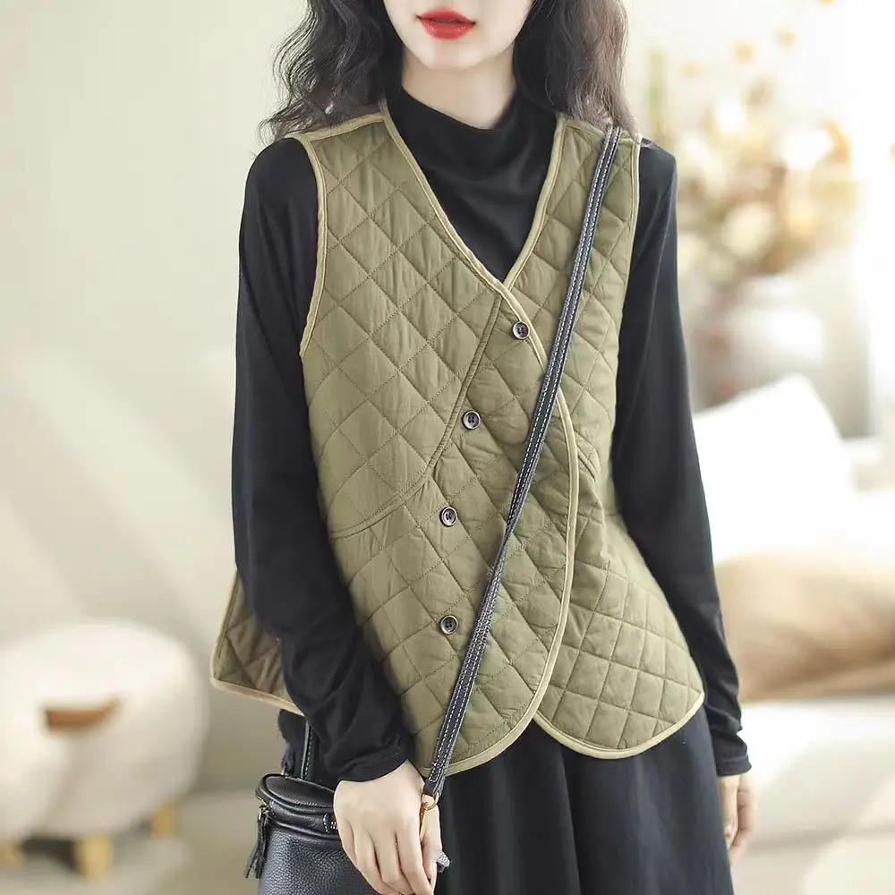 

Women's Autumn Winter Cotton Linen Plaid Embroidered Vest Warmthl Svel Outerwear oulder Pad Thiened Winter Sle