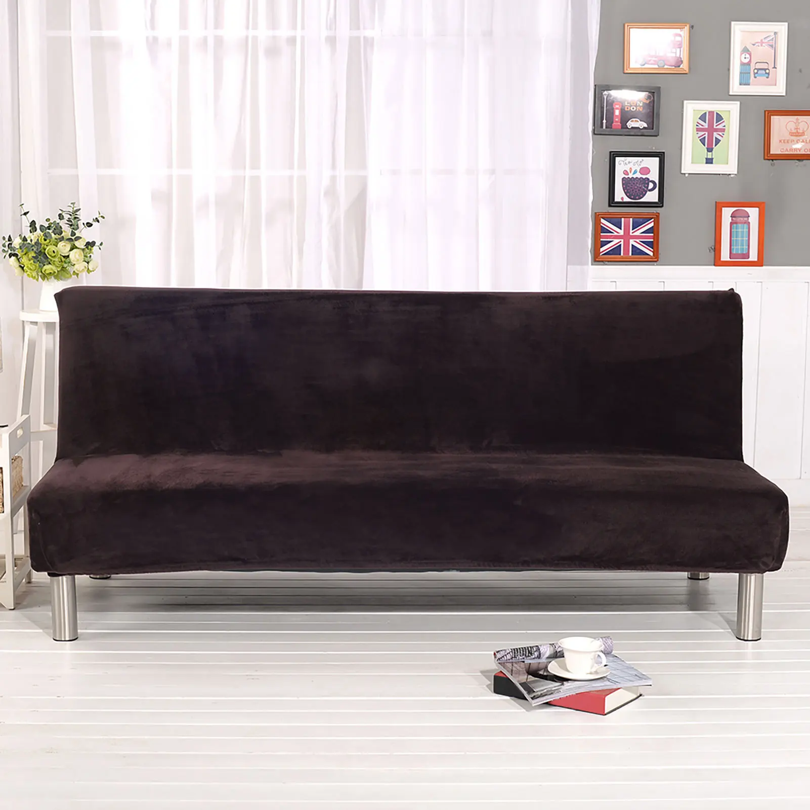 Thicker Plush Sofa Cover Slipcover Full Coverage Folding Sofa Bed Without Armrest