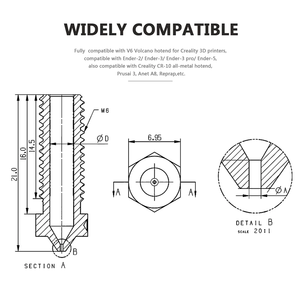 E3D Volcano Copper Plated Nozzle M6 Threaded 3D Printer Hot End Nozzle 0.4mm-1.0mm for 1.75mm Filament for E3D V5 V6 Hot End