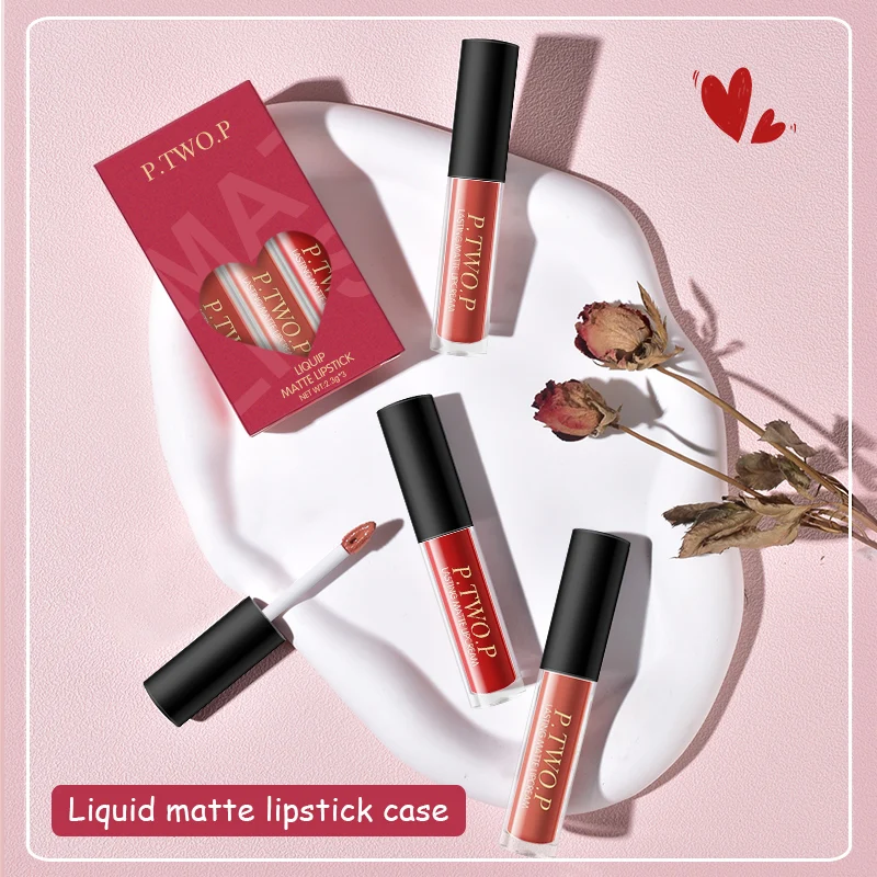 P. Tw O.p 3 Stks/partij Langdurige Vloeibare Matte Lipgloss Vloeibare Lippenstift Lippenstift Make-Up Schoonheid Rode Anti-Aanbakbeker Waterdichte Lipgloss