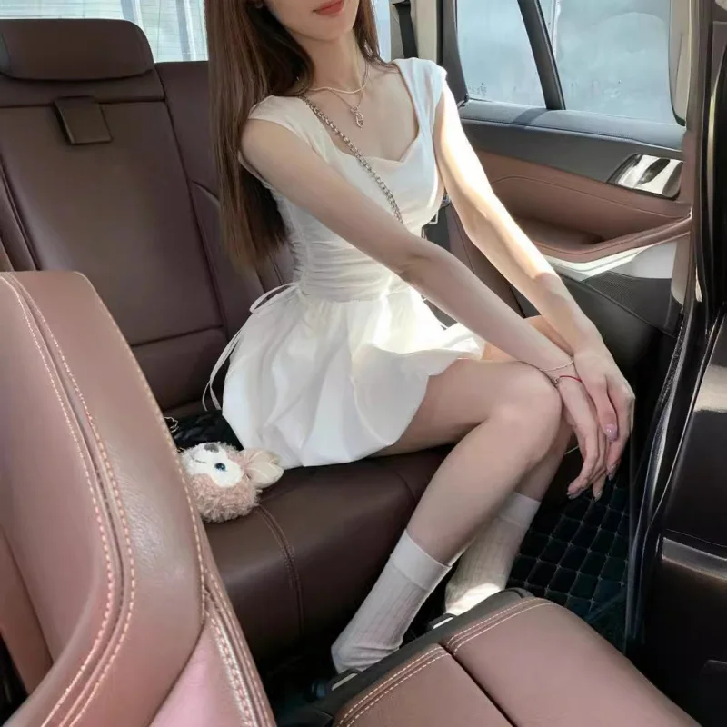 الباليه نمط ساحة الرقبة الرباط التعادل نفخة فستان صيف جديد فتاة حلوة الخصر مقصوص سترة فستان قصير