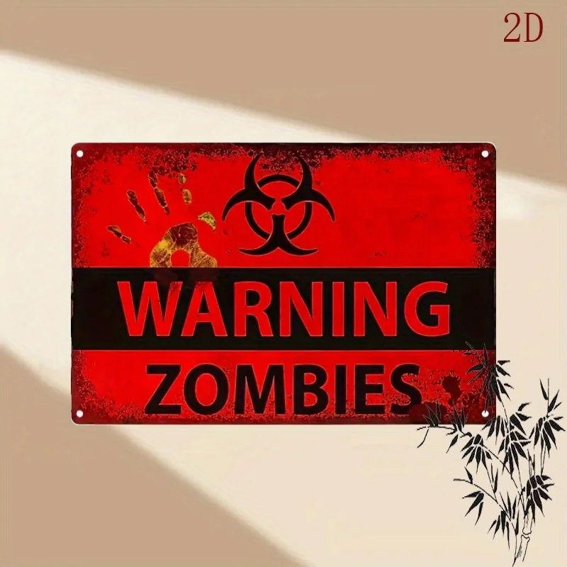 Zombie Warning Metal Tin Sign -   | Durable, Fade-Resistant Wall Decor for Home & Office with Bold Red Text & Iconic Zombie D