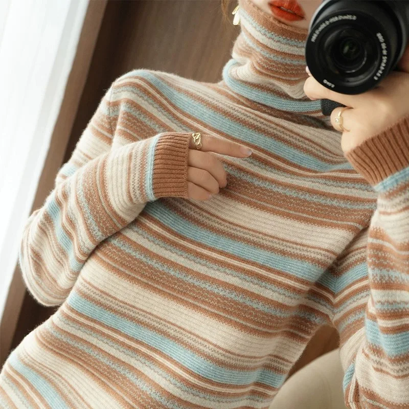 Autumn Winter Women Sweater Turtleneck Long Sleeve Warm Pullovers Fashion Stripe Knitwear Korean Bottoming Shirt Basic Jumper