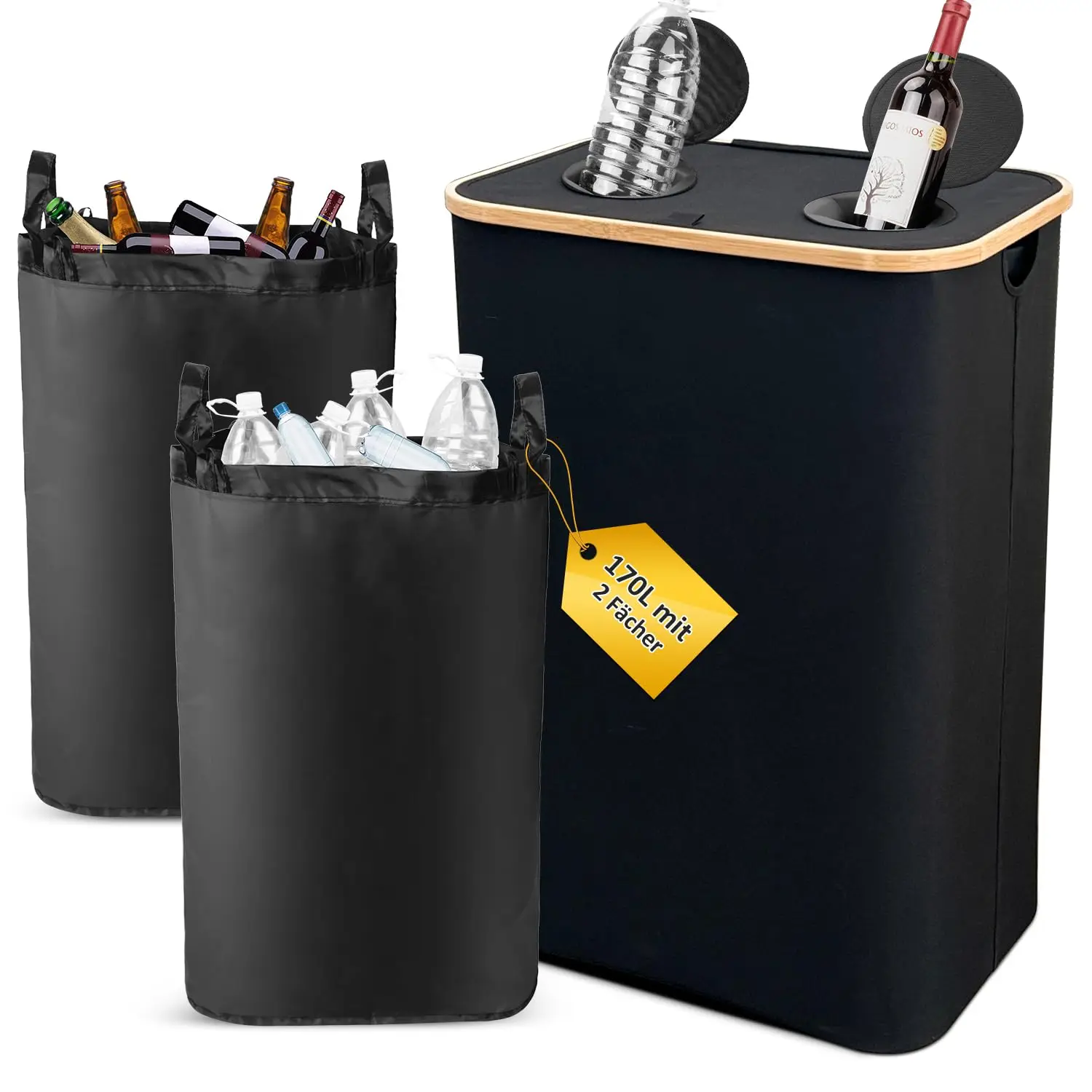 Contenedor de reciclaje de cocina de 170L y bolsas de almacenamiento, contenedor de reciclaje doble con 2 bolsas con forro reutilizable extraíble, contenedor de reciclaje grande con tapa