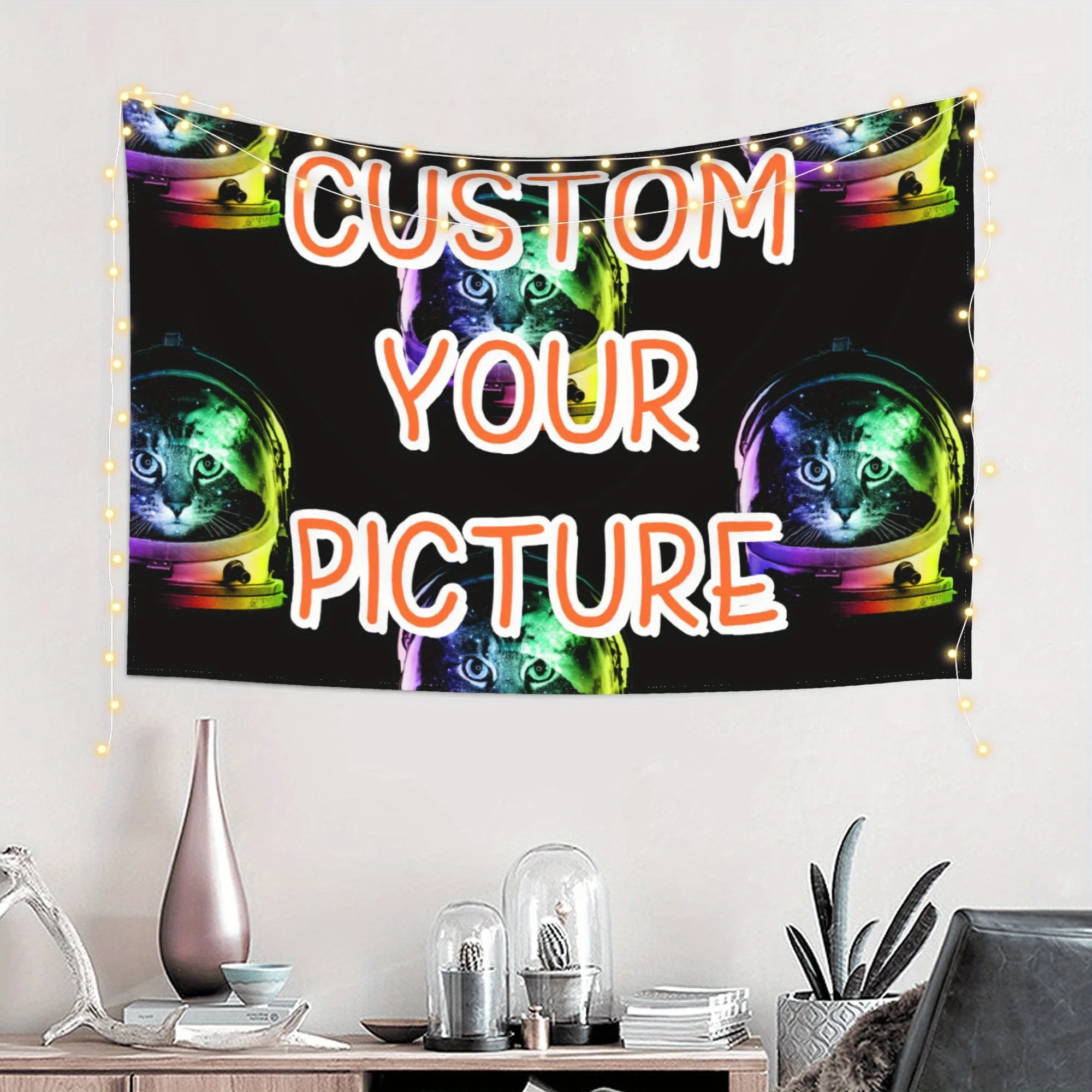 tapestryCustomizable 60x40in Astronaut Cat Tapestry Wall Decor - Personalized Photo & Text, Vibrant Polyester Fabric, Cosmic
