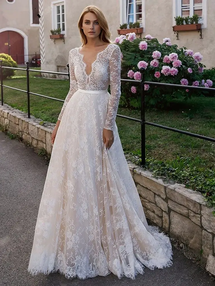 Romantic Women Wedding Dresses Luxurious V-Neck Flower Lace Print Bride Gowns High Quality Floor Mopping Women Vestidos De Novia