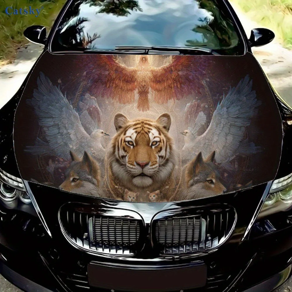 

Breathtaking Tiger, Tenacious Wolves and a Dazzling Phoenix Car Hood Sticker, Personalized & Trendy Auto Art Decal, Self-adhesiv