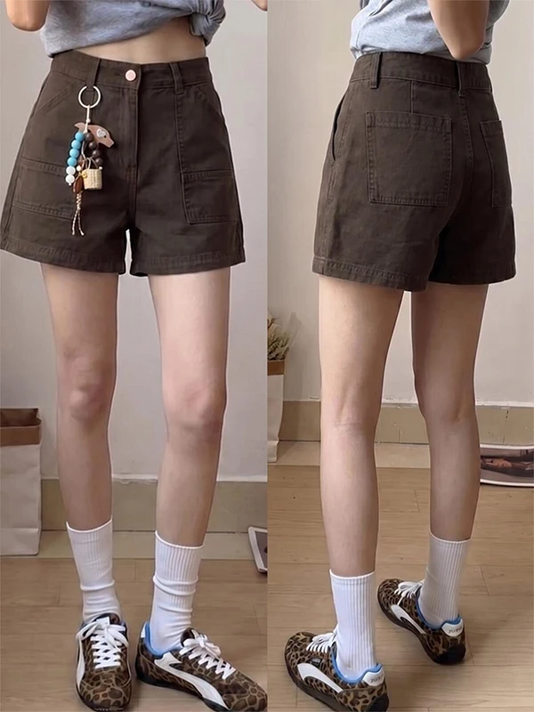 American Retro Coffee High Waist Wide Leg Workwear Shorts Women's Straight Leg Jeans Shorts Casual Comfortable Cotton Blend