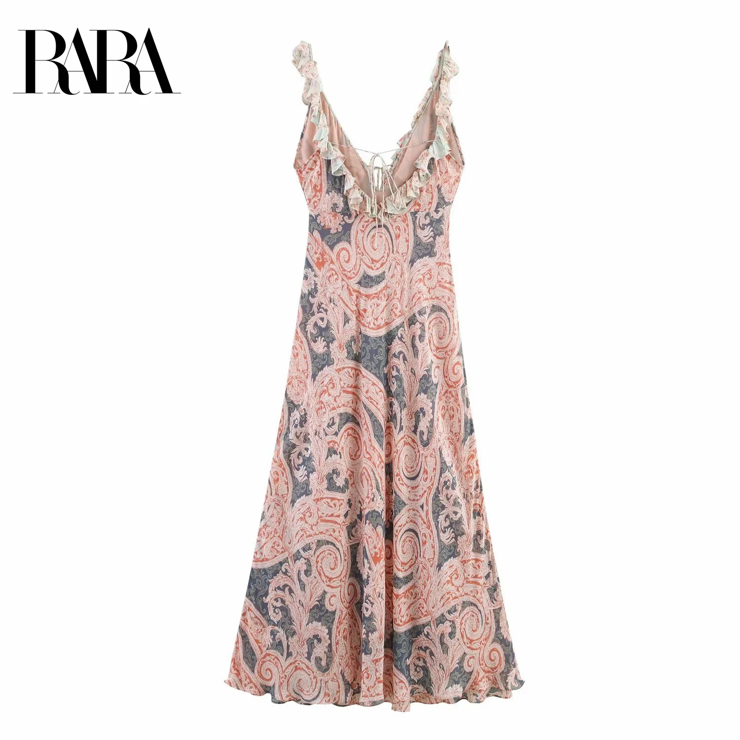 

RARA Womens Elegant Sexy Ruffled Patchwork Neckline V - Neck Sleeveless Spaghetti - Strap Mid - length Printed Dress