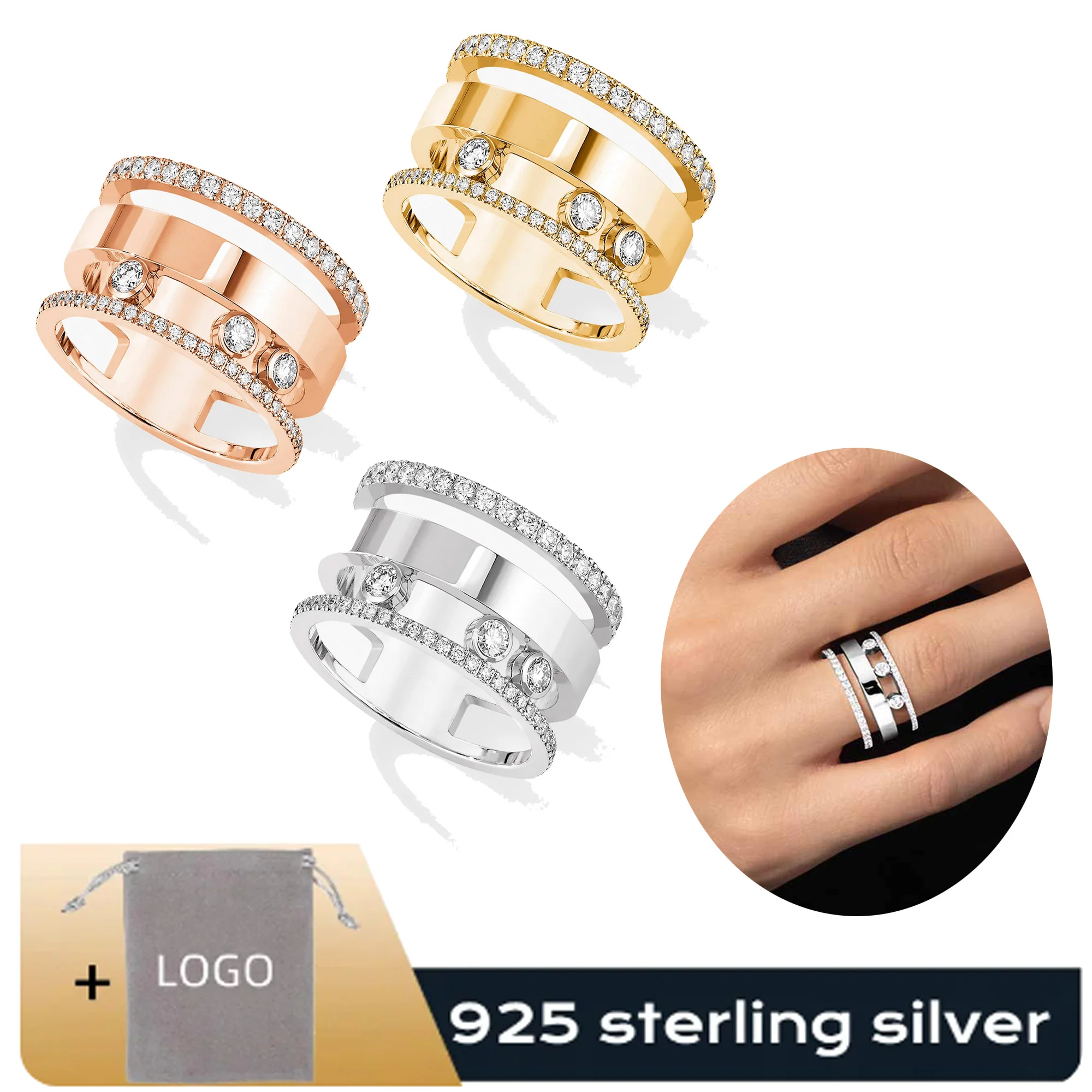 

Fashionable Luxury Pure Silver S925 Elegant MOVE ROMANE Series Double Hollow Diamond Set Ring