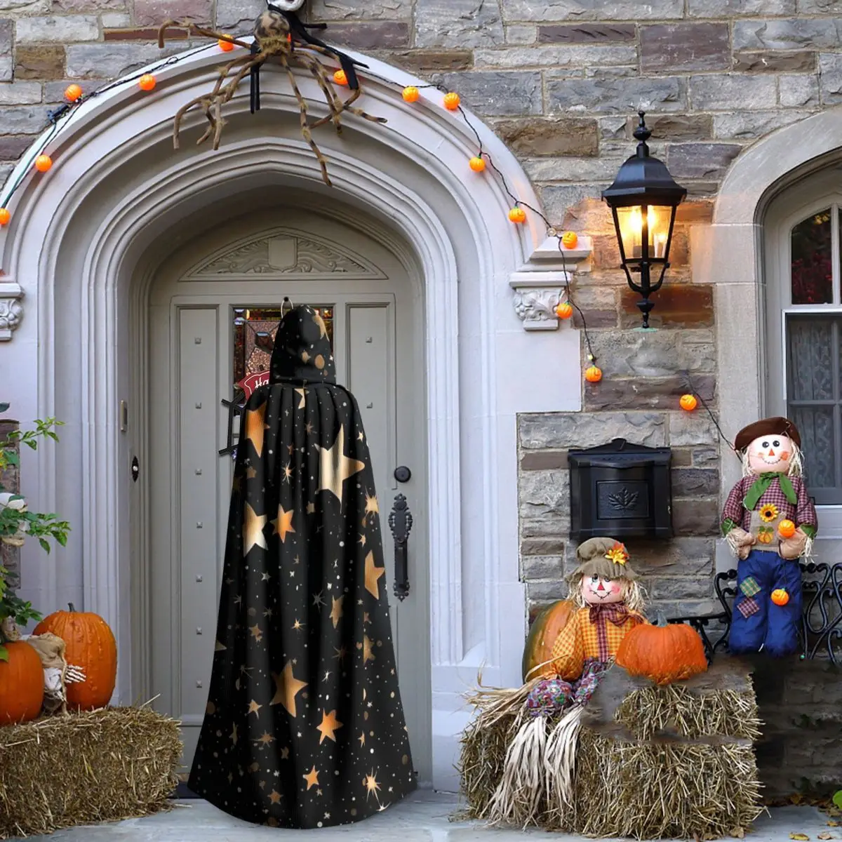 الأزرق الداكن السماء والنجوم طباعة طويلة مقنعين عباءة الساحرة القرون الوسطى زي تأثيري كيب HalloweenParty الكبار للجنسين