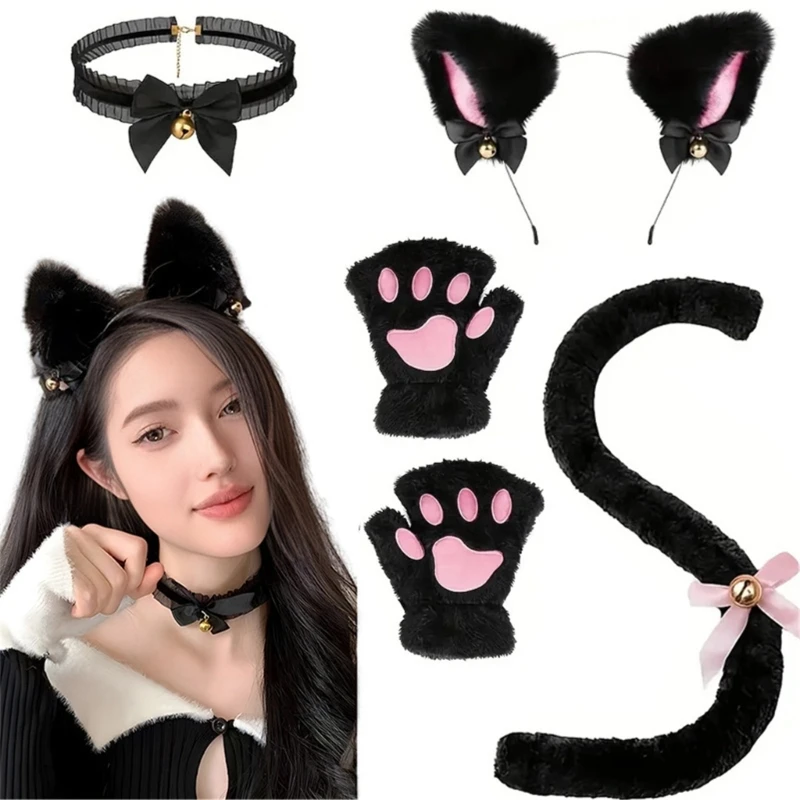 Disfraz de Cosplay de gatos de Halloween, collar, aro de pelo, cola, guante, accesorios de vestir para fiesta de Cosplay de niña