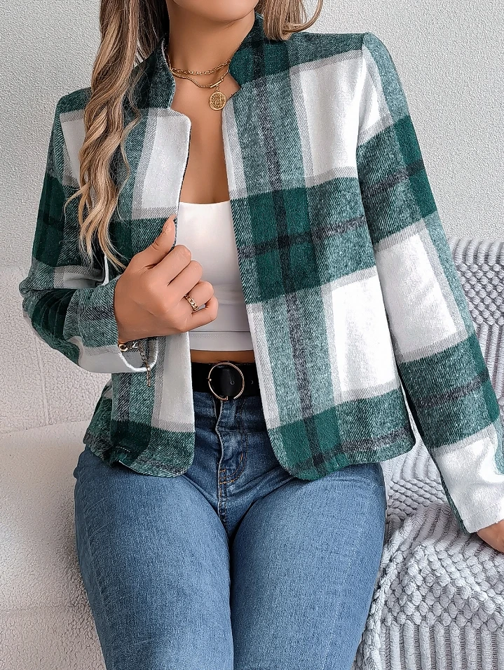 

Women's Short Coat Plaid Pattern Pocket Design Shacket Checkered Winter Plaid Jacket Overshirt Warm Thicken Cardigan Street