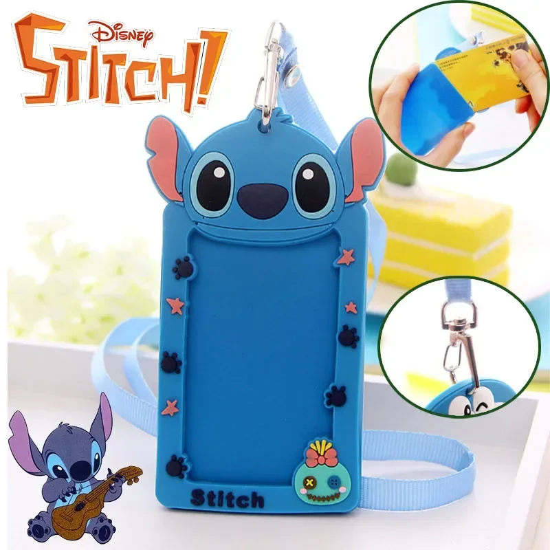 Etui na karty Disney Stitch ze smyczą Miękkie gumowe etui na karty autobusowe Kreskówkowe etui na wizytówki Uchwyt na klucze Identyfikatory