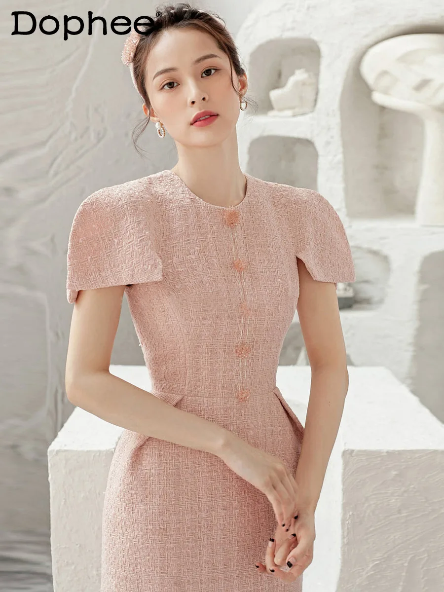 Commute Style Light Pink Tweed Temperament Dress for Women Spring Summer New Elegant High Waist Round Neck Short Sleeve Dress