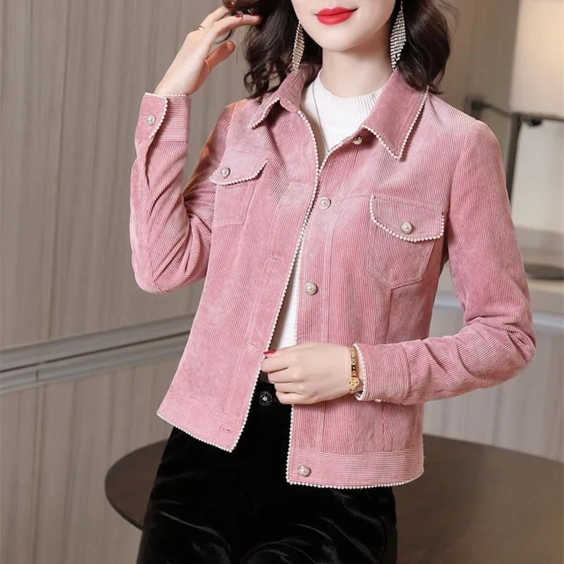 2023 Spring Autumn Pink Corduroy Short Jacket Women Small Coat Nail Bead Single-breasted Casual Outerwear Lady Tops With Lining