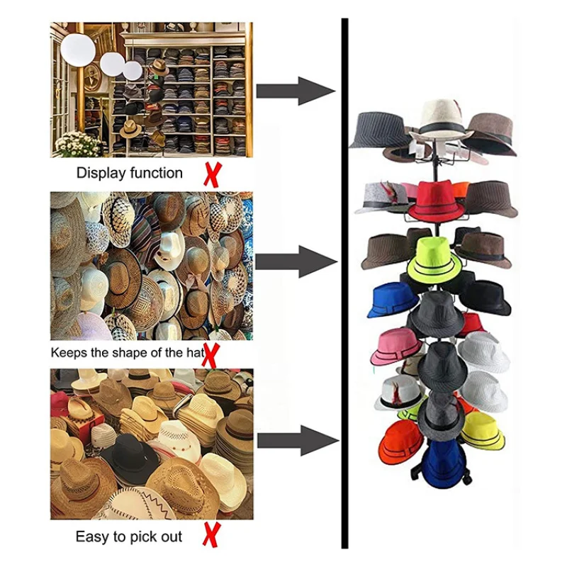 custom.Kainice Customized Metal Tiers Rotating Floor Standing Hook Hat Hanger Hat Display Rack Wig Baseball Stand Display