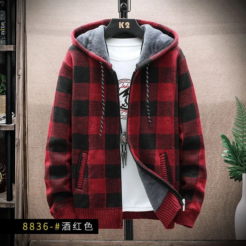 Men\'s Fashion Autumn Winter Plaid Sweater Hooded Cold Coat Men Casual High Quality Zipper Fleece Warm Top Knitted Jacket Coat