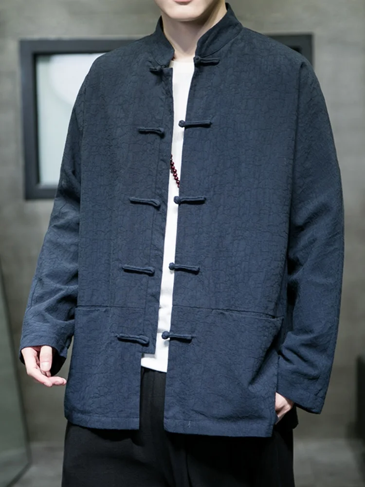 

Новая мужская льняная куртка в китайском стиле Ханьфу, весенняя, дышащая, с длинными рукавами, на пуговицах, в стиле ретро, для мужчин среднего возраста